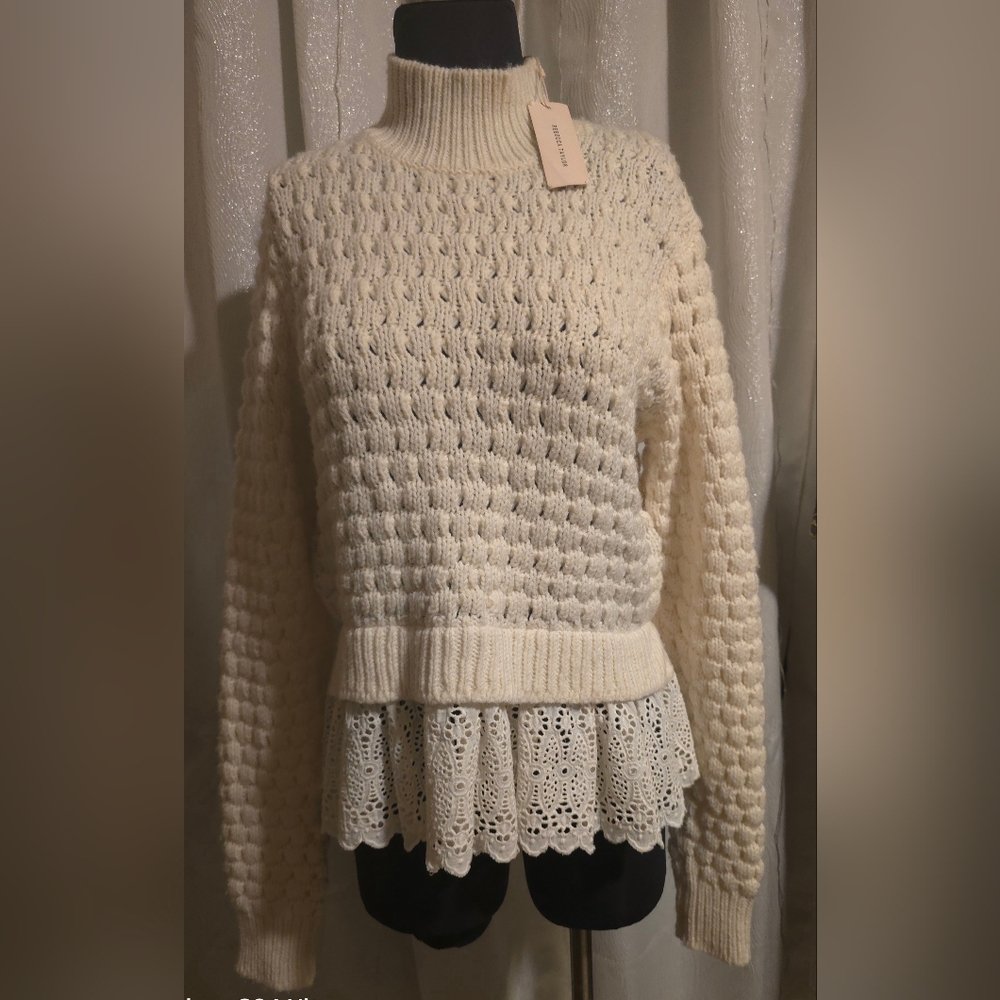 Rebecca Taylor Cream Cable Knit Turtleneck Sweater with Lace Hem